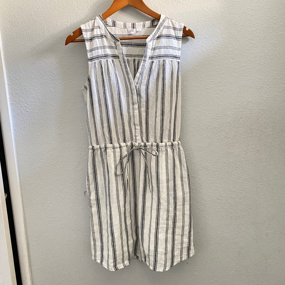 GAP Linen Blend Striped Sleeveless Shirt Dress White Black XS